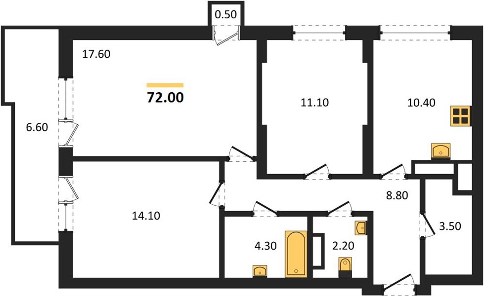 ЖК «Дом на Энгельса» · 3-комнатная квартира · 72 м² · 3 этаж