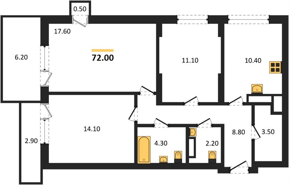ЖК «Дом на Энгельса» · 3-комнатная квартира · 72 м² · 2 этаж