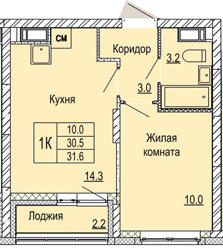 ЖК «Кузнечиха Город» · 1-комнатная квартира · 31.6 м² · 16 этаж