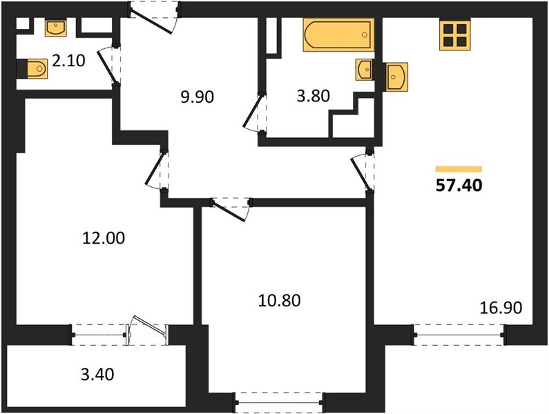 ЖК «Кузнечиха Город» · 2-комнатная квартира · 57.4 м² · 3 этаж