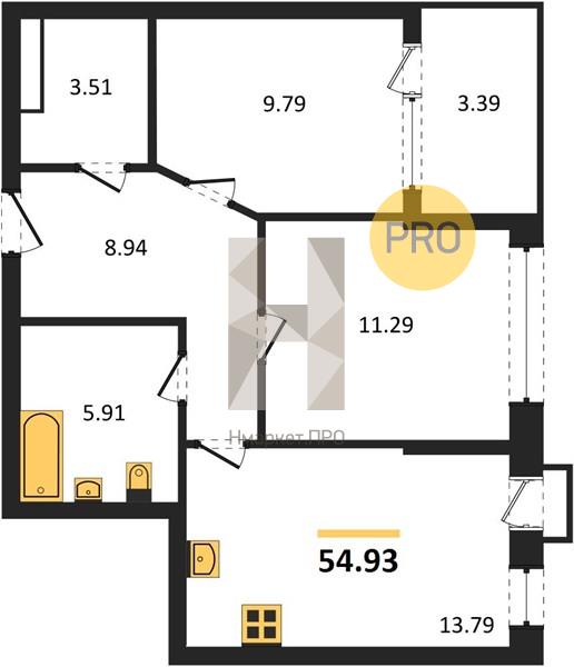 2—комн. квартира, 54.93 кв.м, 4/21 этаж