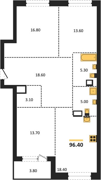 ЖК «Грандъ» · 3-комнатная квартира · 96.4 м² · 4 этаж