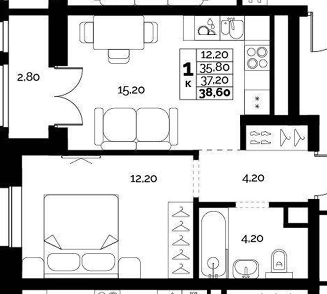 ЖК «Искра» · 1-комнатная квартира · 37.2 м² · 2 этаж