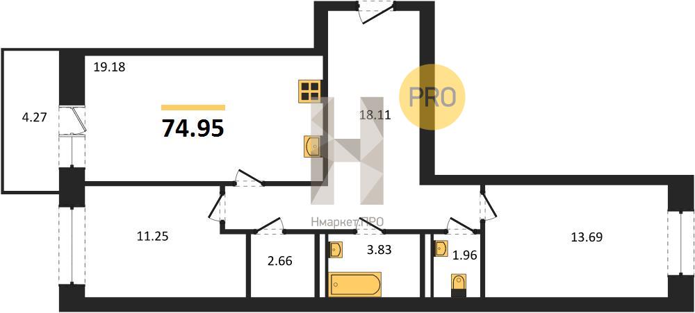 2—комн. квартира, 74.95 кв.м, 7/9 этаж
