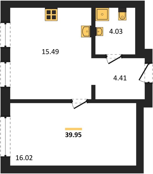 ЖК «Левобережный» · 1-комнатная квартира · 39.95 м² · 13 этаж