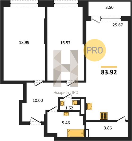2—комн. квартира, 83.92 кв.м, 4/24 этаж