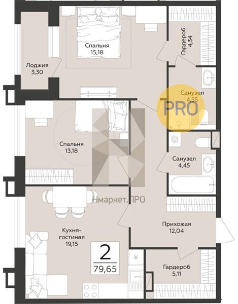 2—комн. квартира, 79.65 кв.м, 9/12 этаж