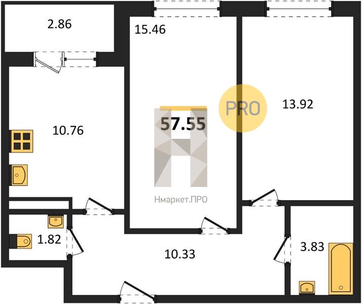 2—комн. квартира, 57.55 кв.м, 5/18 этаж