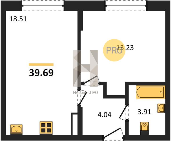 1—комн. квартира, 39.69 кв.м, 6/8 этаж
