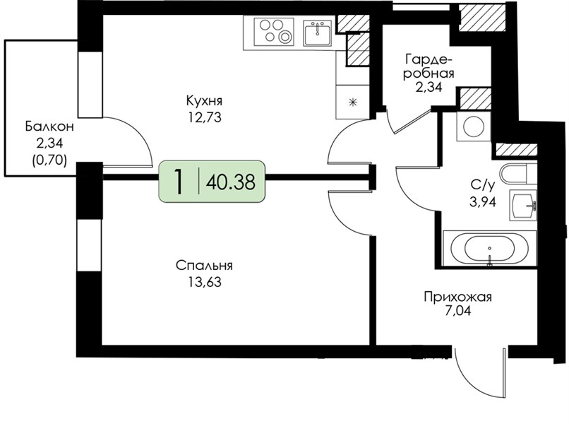 ЖК «Анкор» · 1-комнатная квартира · 40.38 м² · 3 этаж