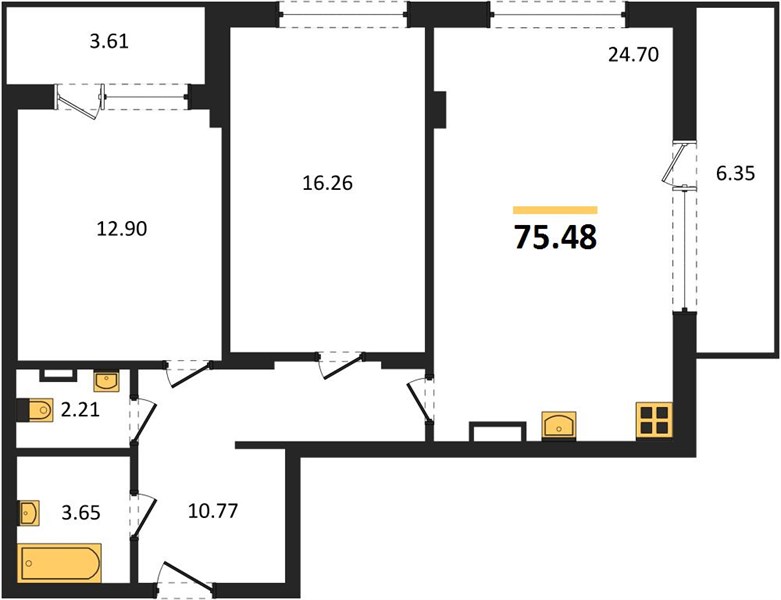 2—комн. квартира, 75.48 кв.м, 9/14 этаж