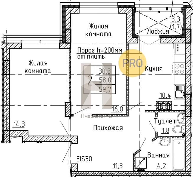 2—комн. квартира, 59.7 кв.м, 2/24 этаж