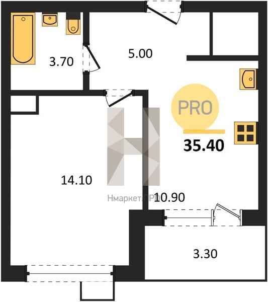 1—комн. квартира, 35.4 кв.м, 8/13 этаж