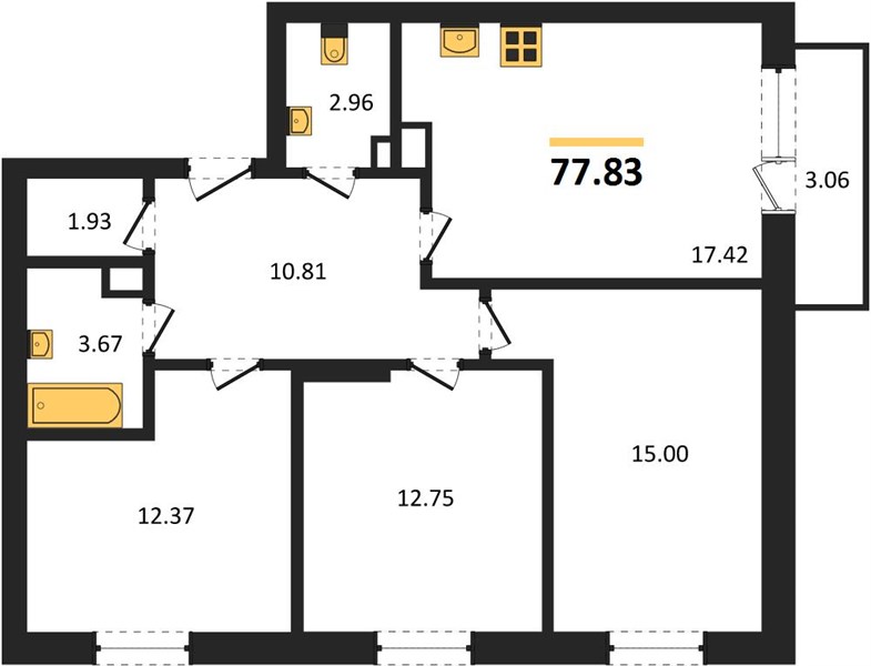 ЖК «Мед» · 3-комнатная квартира · 77.83 м² · 6 этаж