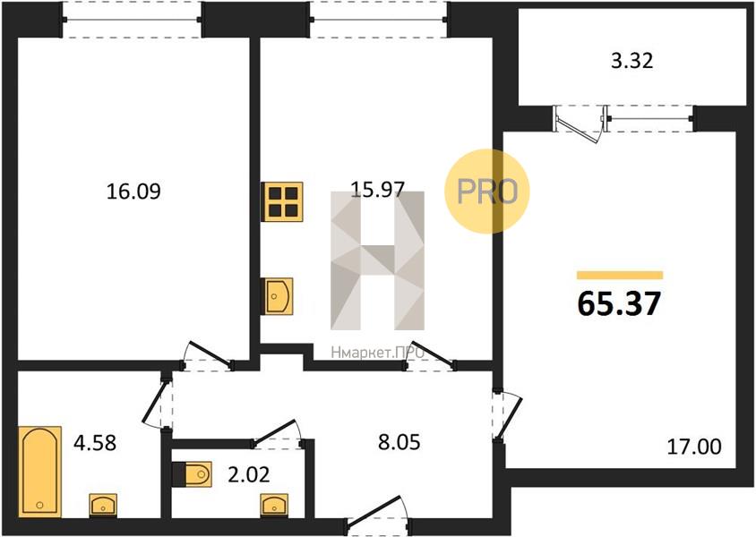 2—комн. квартира, 65.37 кв.м, 3/25 этаж