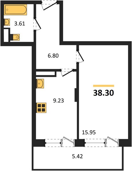 1—комн. квартира, 38.3 кв.м, 5/19 этаж