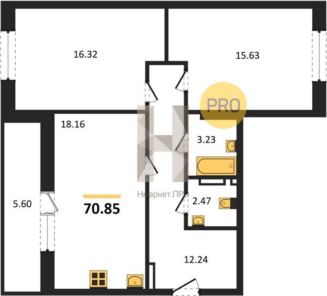 2—комн. квартира, 70.85 кв.м, 6/8 этаж