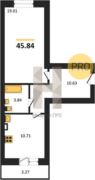 1—комн. квартира, 45.83 кв.м, 3/4 этаж
