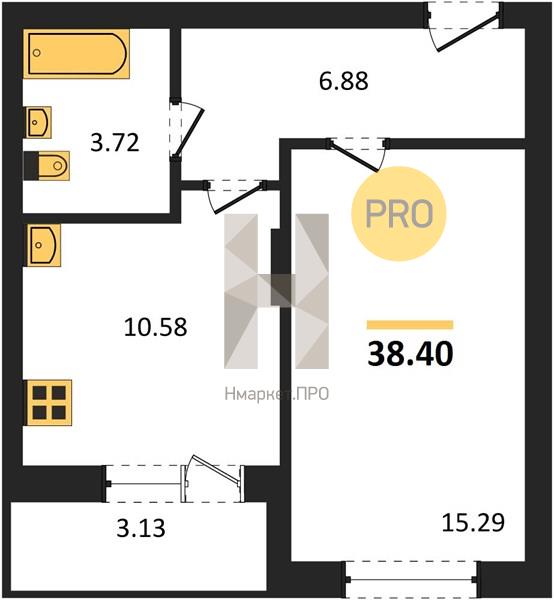 1—комн. квартира, 38.4 кв.м, 11/17 этаж