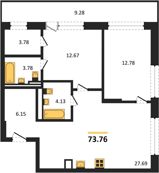 ЖК «Статус на Гребном канале» · 2-комнатная квартира · 73.76 м² · 9 этаж