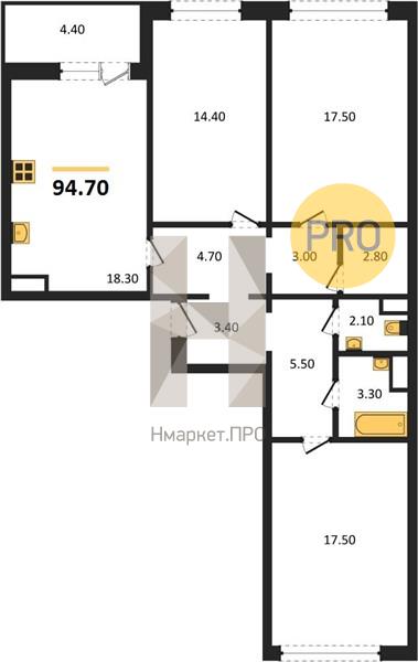 3—комн. квартира, 94.7 кв.м, 8/18 этаж