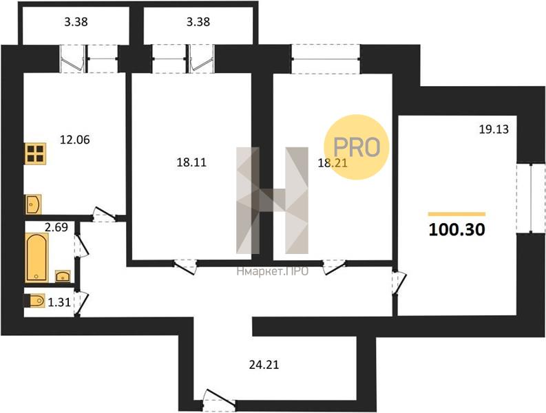 3—комн. квартира, 100.3 кв.м, 2/16 этаж