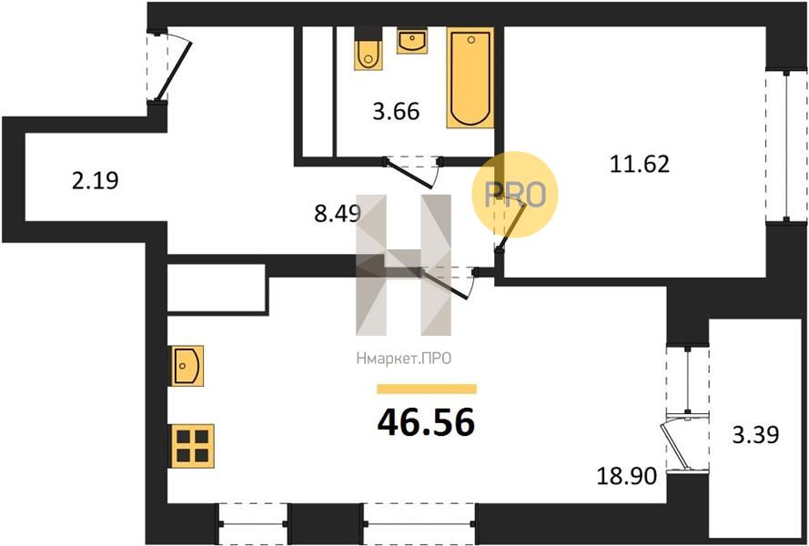 1—комн. квартира, 46.56 кв.м, 21/25 этаж