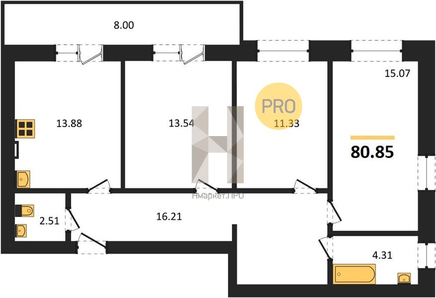 3—комн. квартира, 80.85 кв.м, 1/4 этаж
