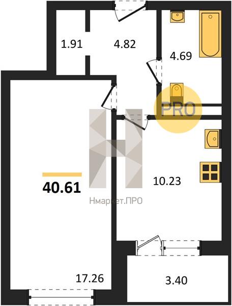 1—комн. квартира, 40.61 кв.м, 2/18 этаж