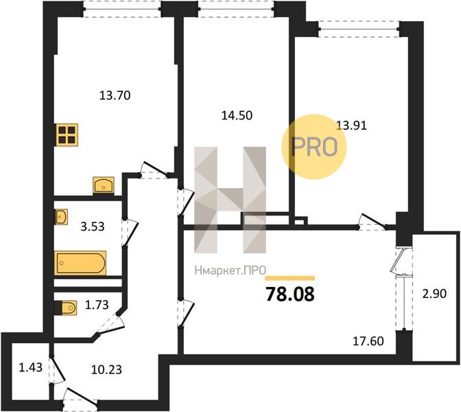 3—комн. квартира, 78.08 кв.м, 12/19 этаж