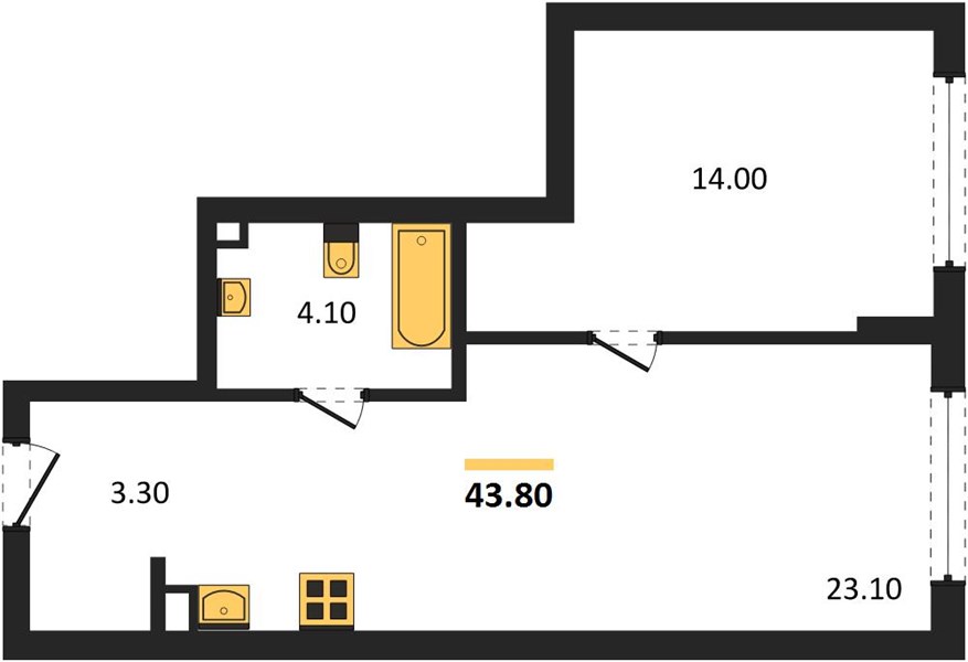 ЖК «Кипарис» · 1-комнатная квартира · 43.8 м² · 3 этаж