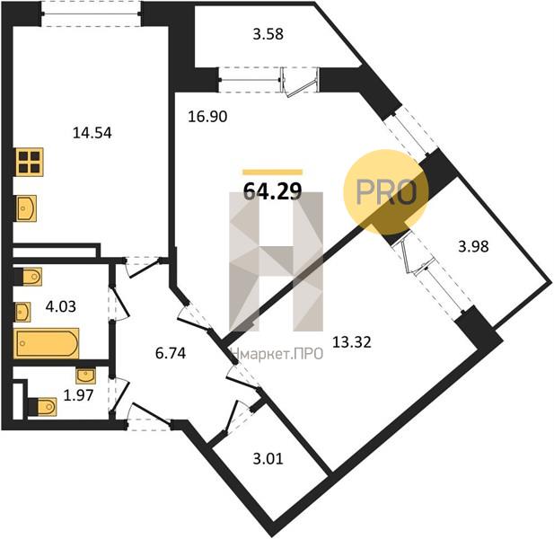2—комн. квартира, 64.29 кв.м, 3/24 этаж