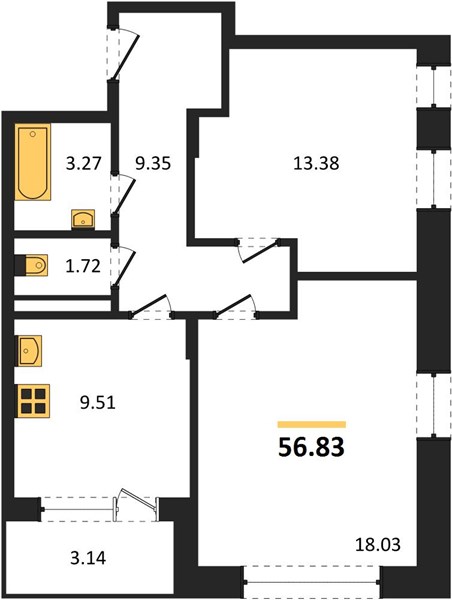 2—комн. квартира, 56.83 кв.м, 5/21 этаж