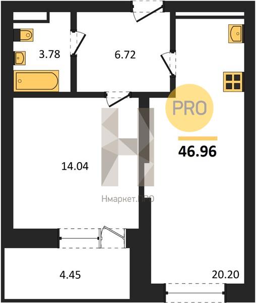 1—комн. квартира, 46.96 кв.м, 5/28 этаж
