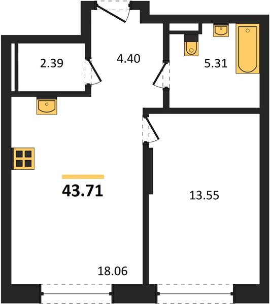 ЖК «Статус на Гребном канале» · 1-комнатная квартира · 43.71 м² · 6 этаж