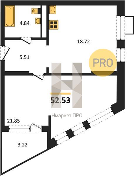 1—комн. квартира, 52.53 кв.м, 2/21 этаж