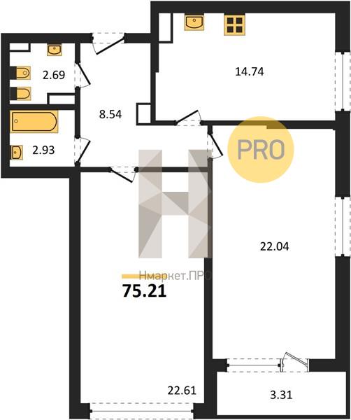 2—комн. квартира, 75.21 кв.м, 9/23 этаж