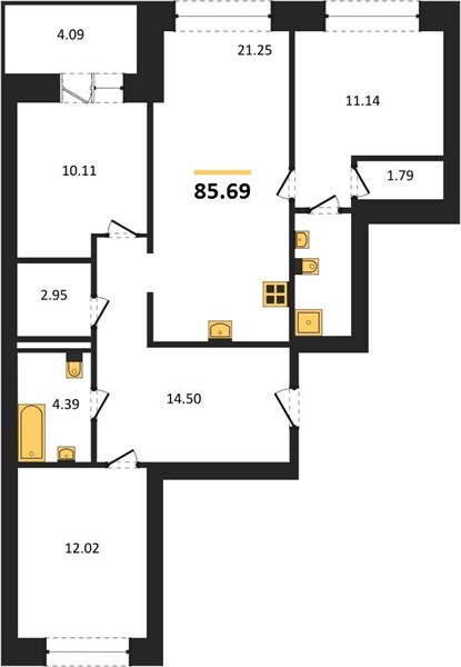 3—комн. квартира, 85.69 кв.м, 9/9 этаж