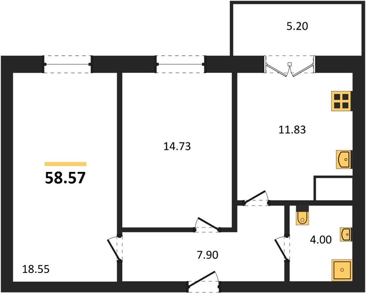2—комн. квартира, 58.57 кв.м, 6/15 этаж