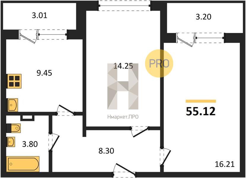 2—комн. квартира, 55.12 кв.м, 13/24 этаж
