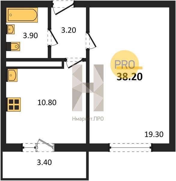 1—комн. квартира, 38.2 кв.м, 15/17 этаж