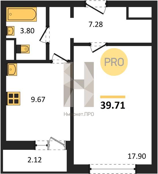 1—комн. квартира, 39.71 кв.м, 5/15 этаж
