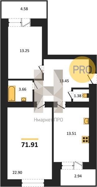 2—комн. квартира, 71.9 кв.м, 11/16 этаж