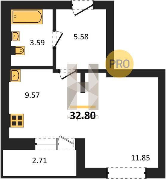 1—комн. квартира, 32.8 кв.м, 15/17 этаж