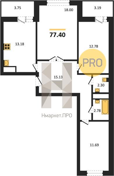 3—комн. квартира, 77.4 кв.м, 20/21 этаж