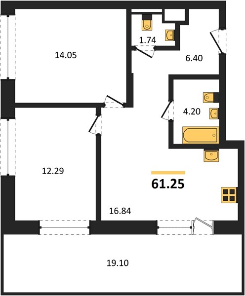 ЖК «Статус на Гребном канале» · 2-комнатная квартира · 61.25 м² · 2 этаж