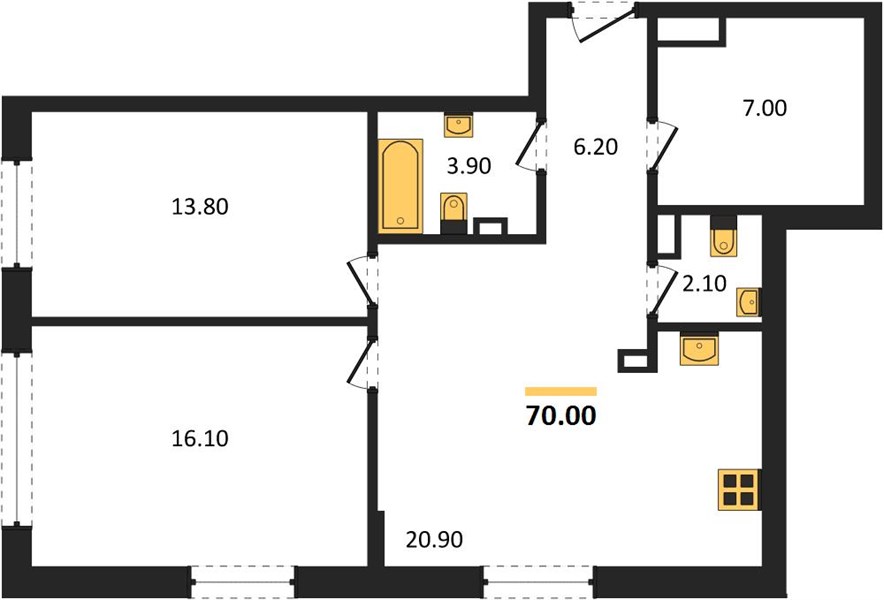 ЖК «Трио» · 2-комнатная квартира · 70 м² · 1 этаж