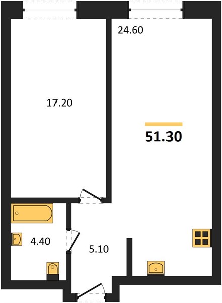 ЖК «Симфония Нижнего» · 1-комнатная квартира · 51.3 м² · 4 этаж