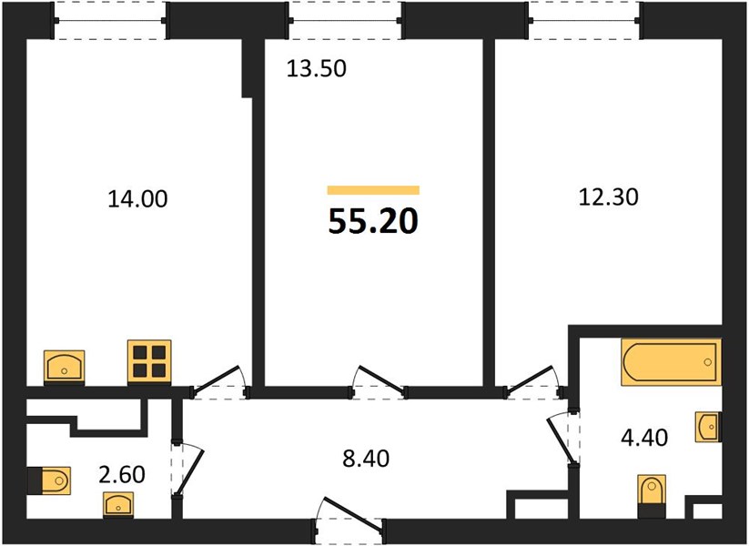 ЖК «Квартет» · 2-комнатная квартира · 55.2 м² · 11 этаж