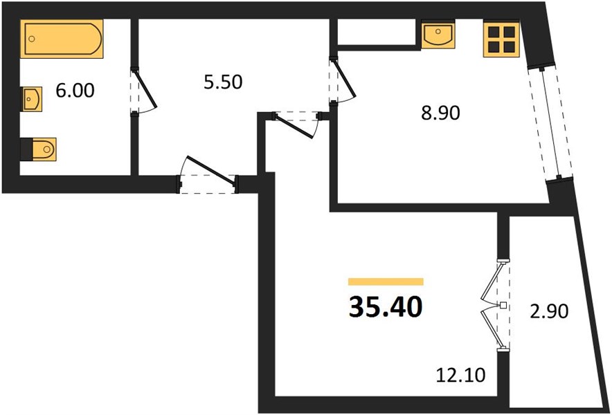 ЖК «Щелоковский» · 1-комнатная квартира · 35.4 м² · 23 этаж